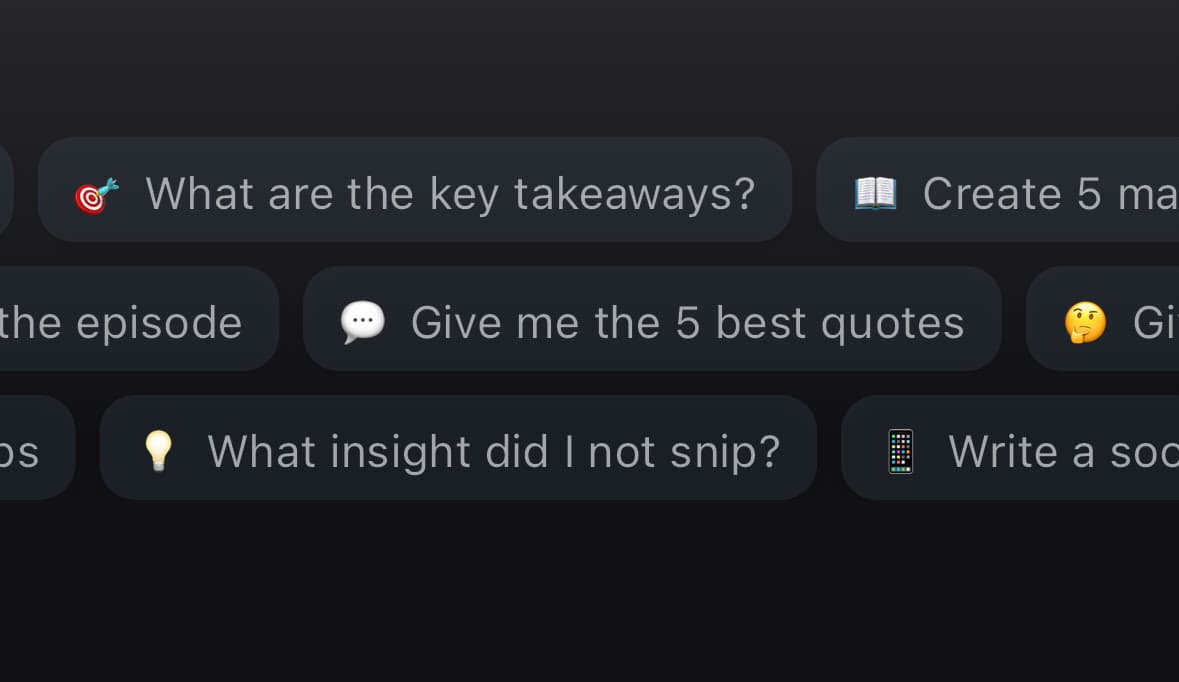 Screenshot showing suggested prompts for the chat with episode feature in Snipd