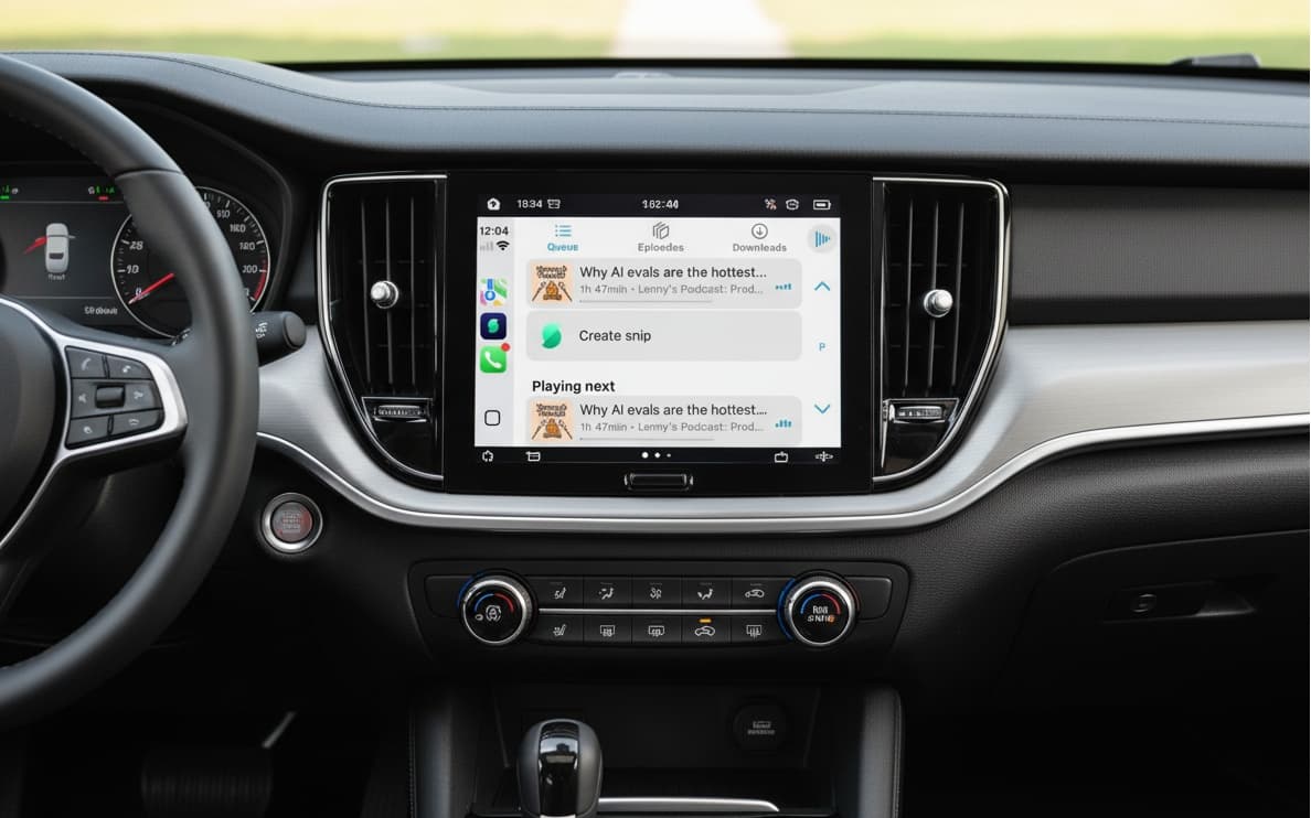 CarPlay interface of the Snipd podcast app.