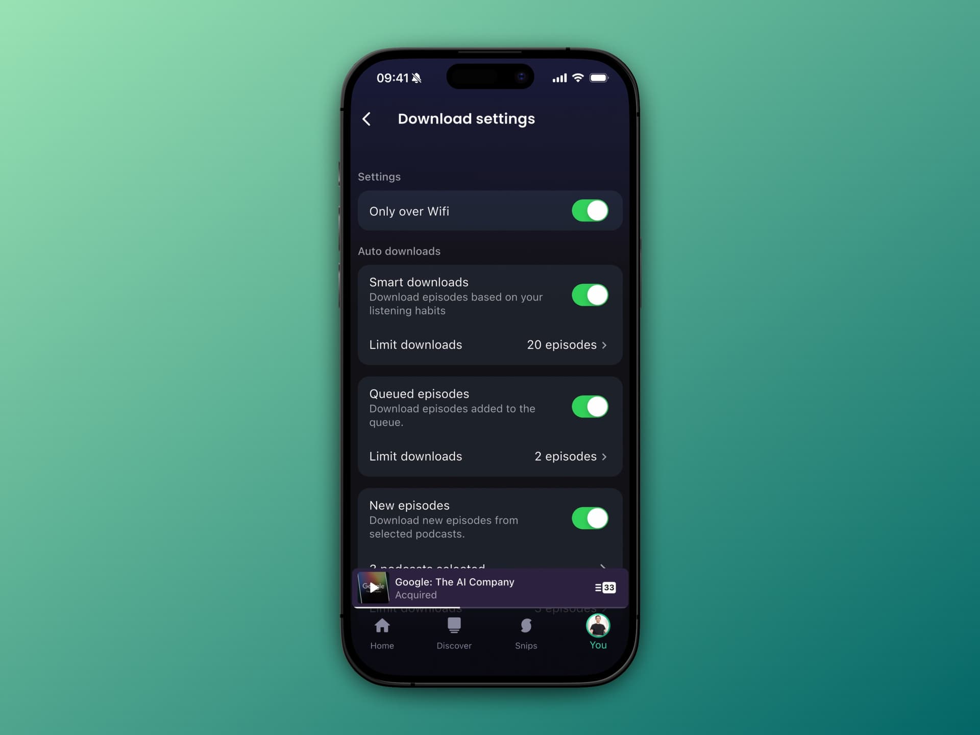Screenshot of the snipd app showing the new smart download settings.