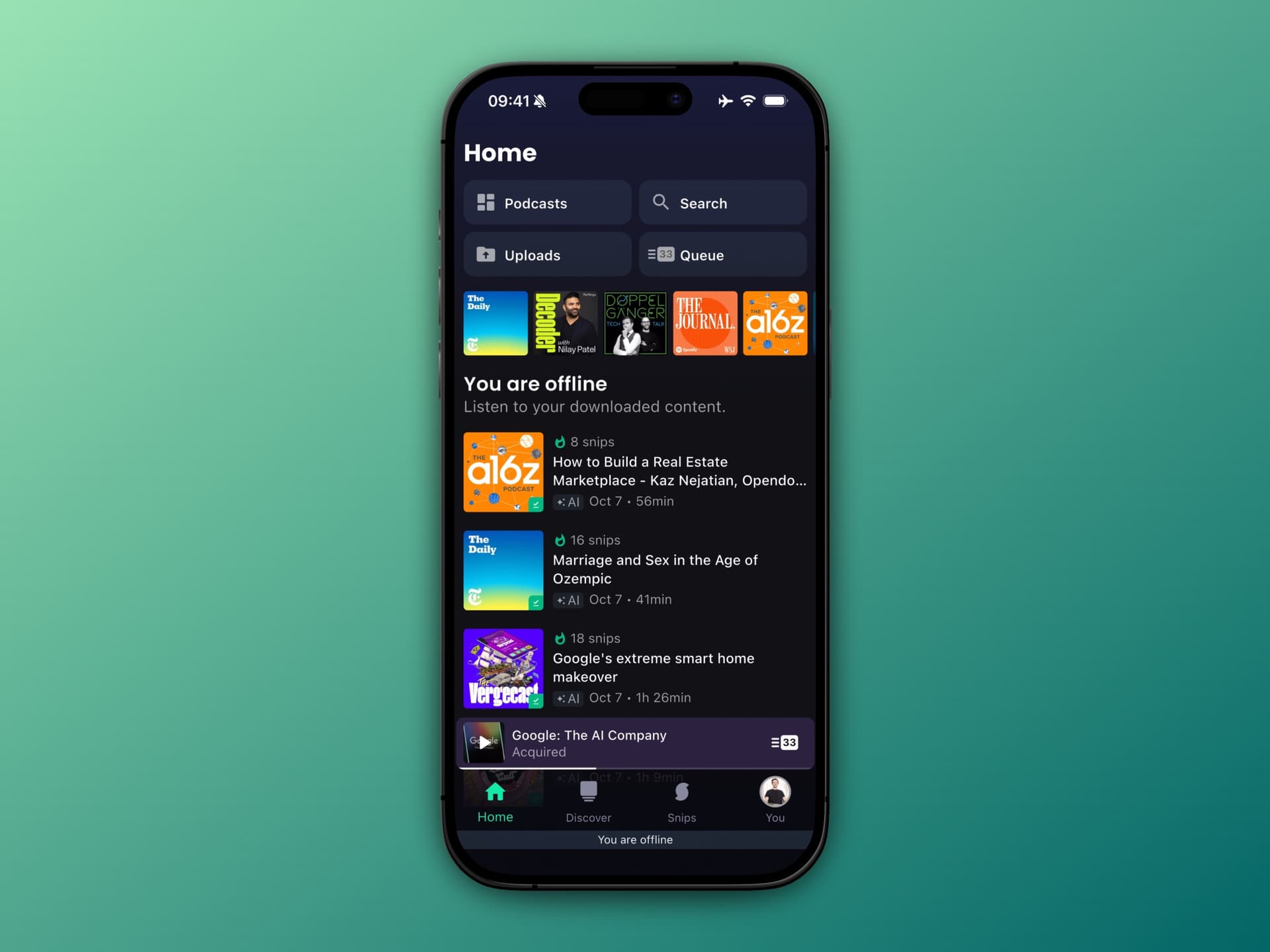 Screenshot showing Snipd's improved offline mode with downloads on the home screen
