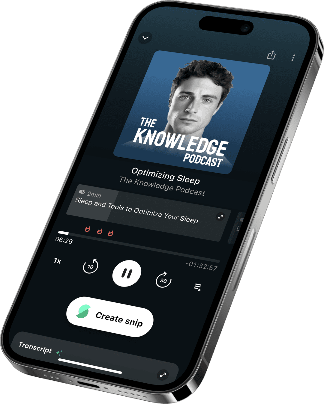 Snipd App Screenshot showing The Knowledge Podcast player interface