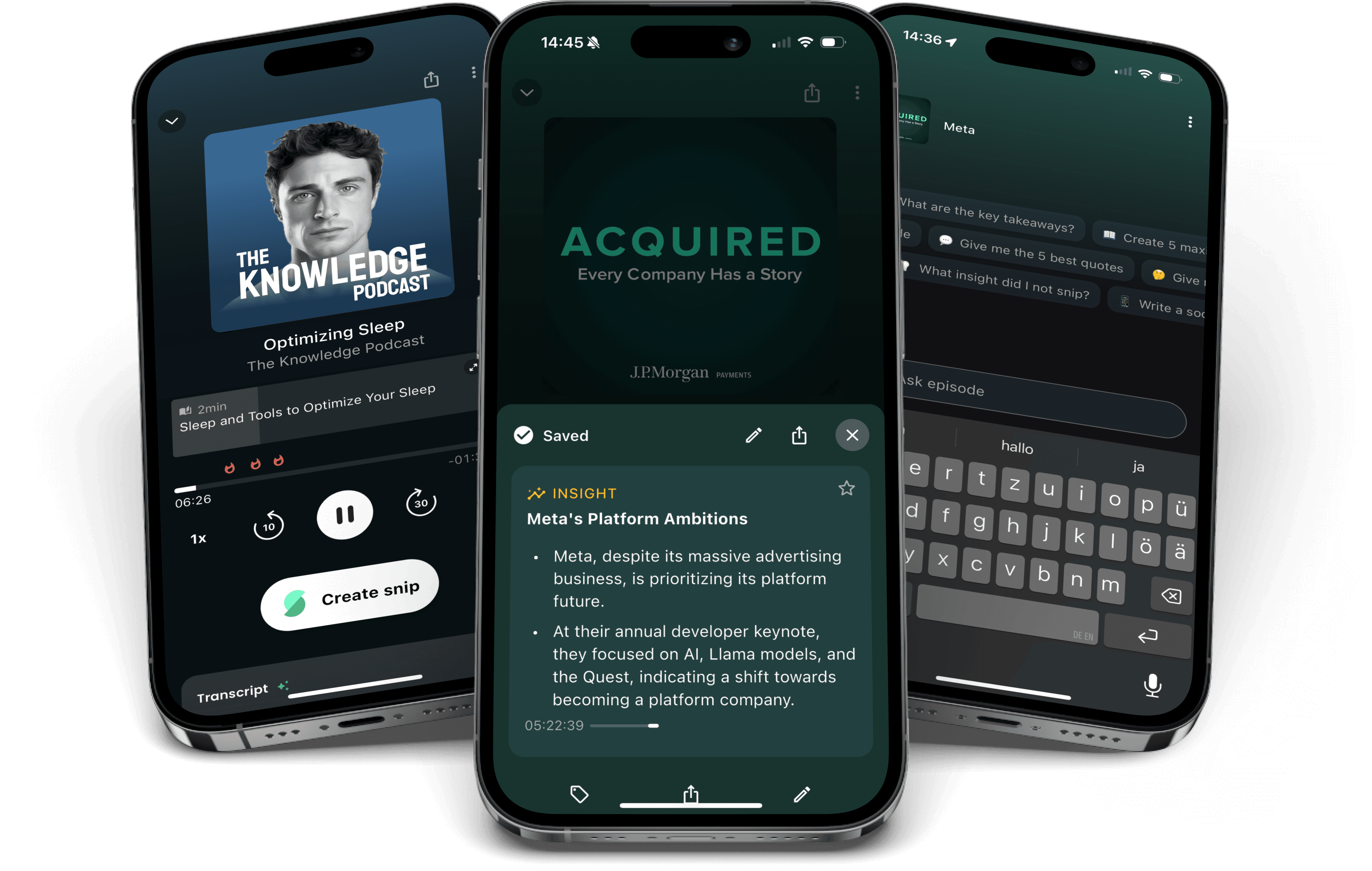 Snipd app screens: player, saved snip, and chat with episode