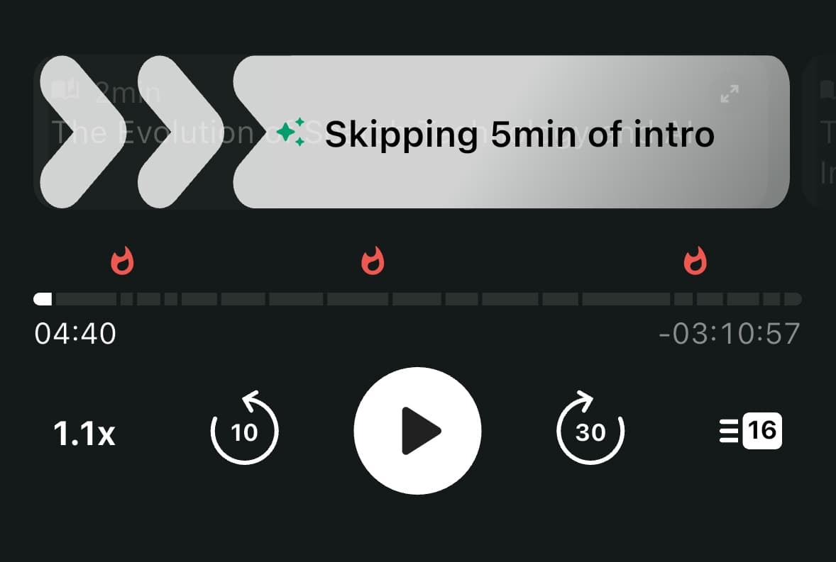 Screenshot showing the auto skip intro and outro setting in Snipd's podcast settings.