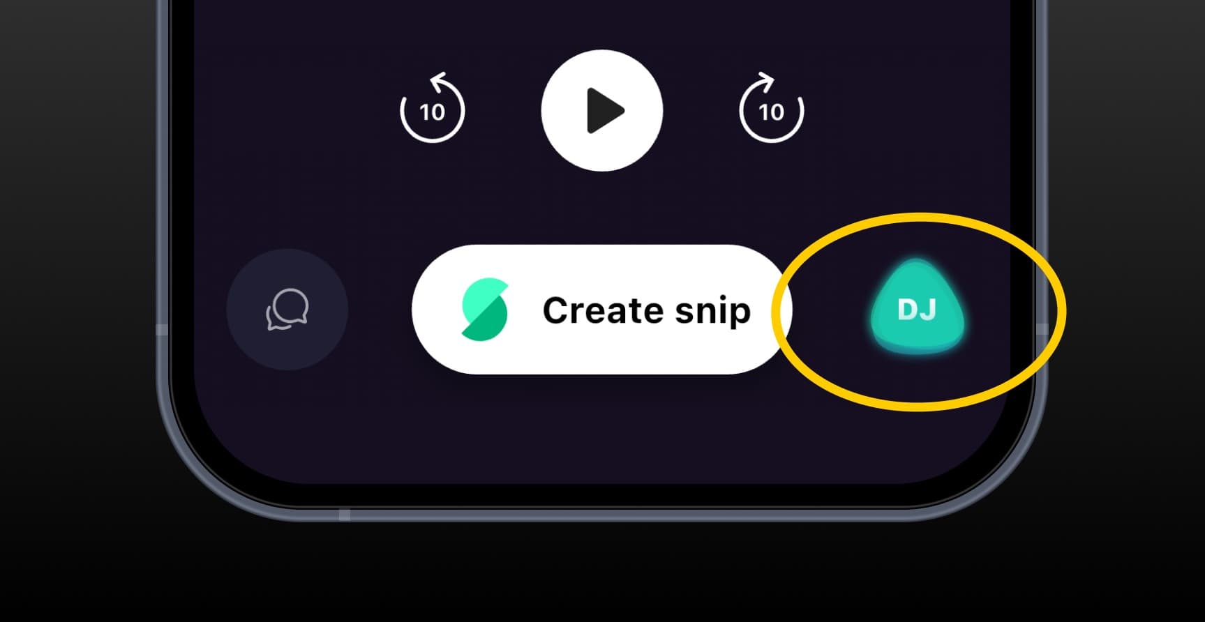 Screenshot of Snipd podcast player showing the AI DJ button next to the Create Snip button